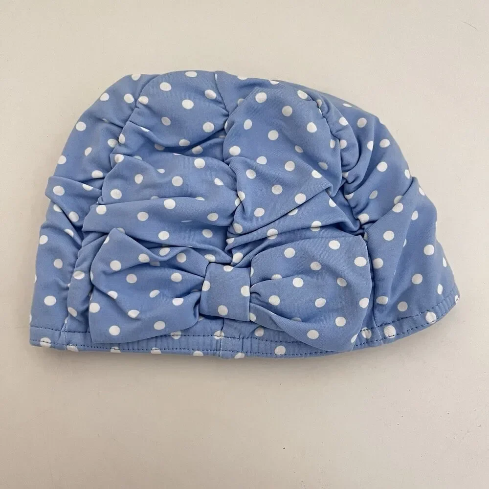 Janie and Jack Blue with White Polka Dots Bow Swim Cap Baby Girls SZ 6-12 Months